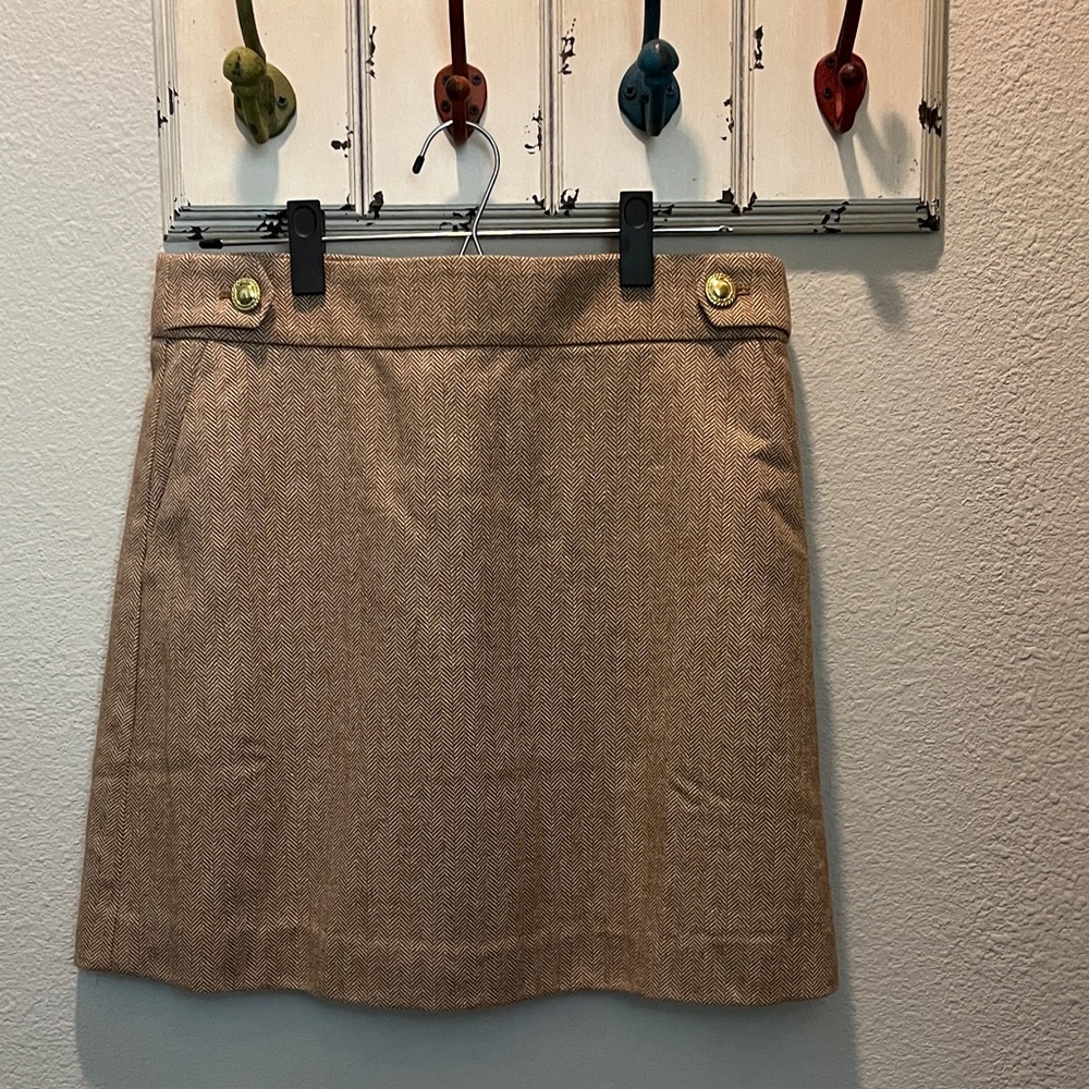 J. Crew Factory Tan Herringbone Mini Skirt with Gold Buttons